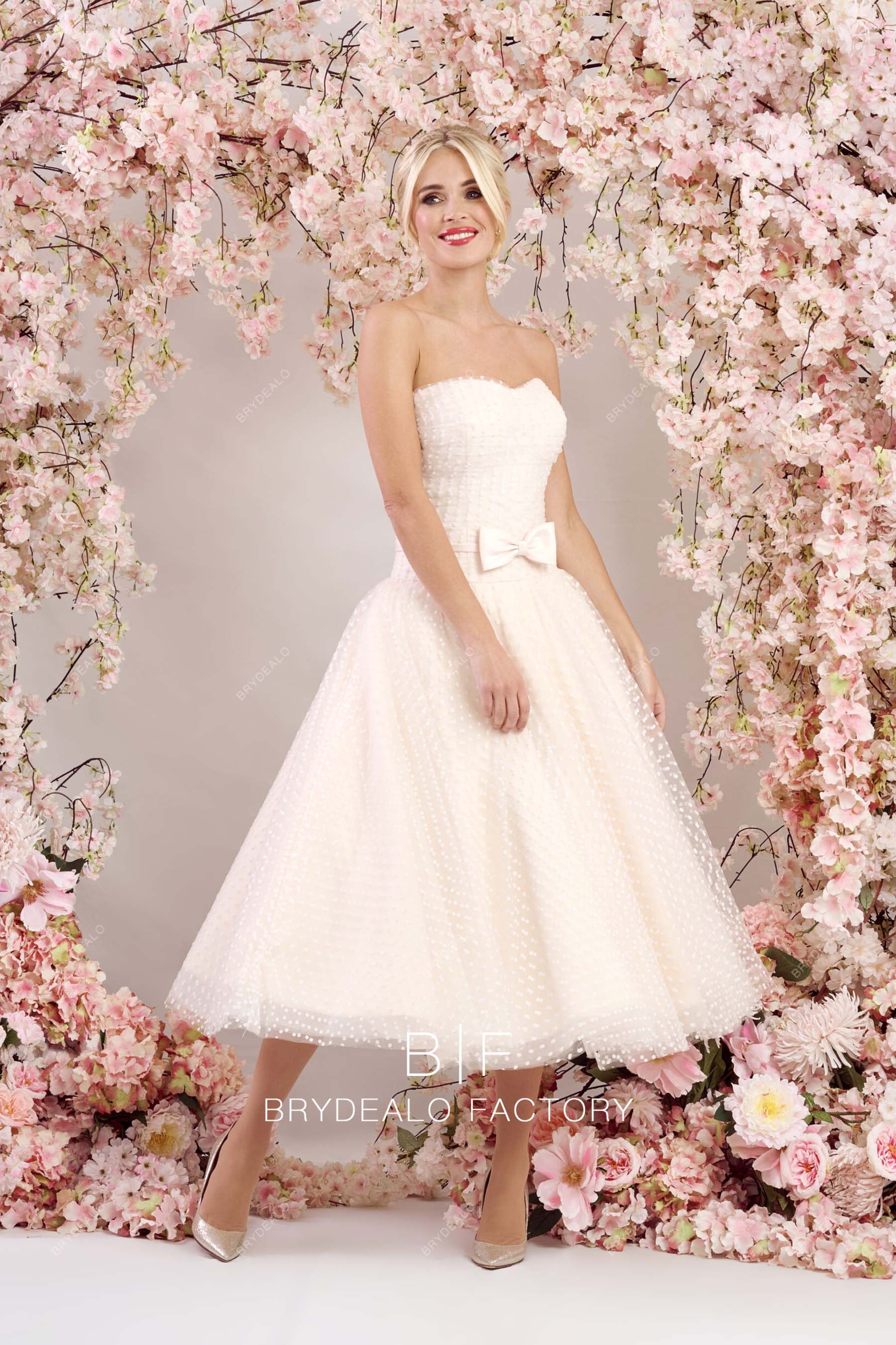 pretty bow short informal wedding gown
