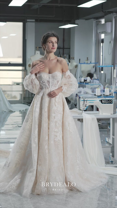 Shimmery Lace Bubble Sleeve Sweetheart Neck Wedding Dress