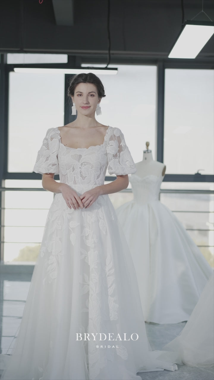 bubble sleeve square neck lace wedding dress 15004