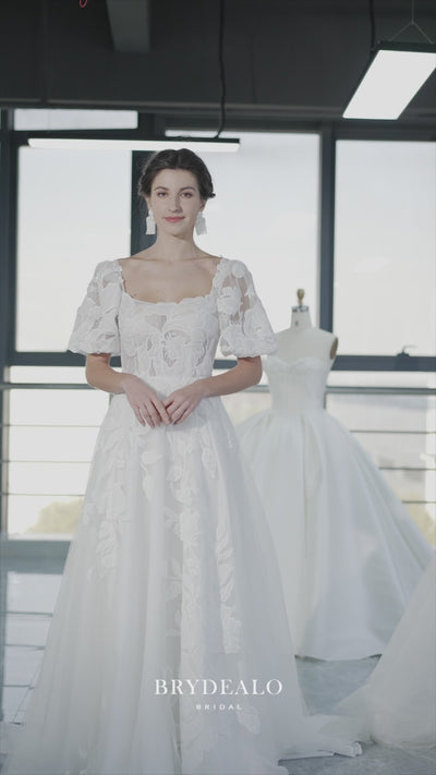 bubble sleeve square neck lace wedding dress 15004