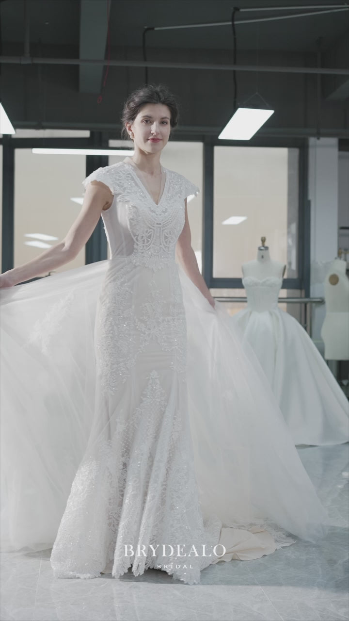 Luxury Beaded Lace Mermaid Cutout Wedding Dress with Detachable Oversk