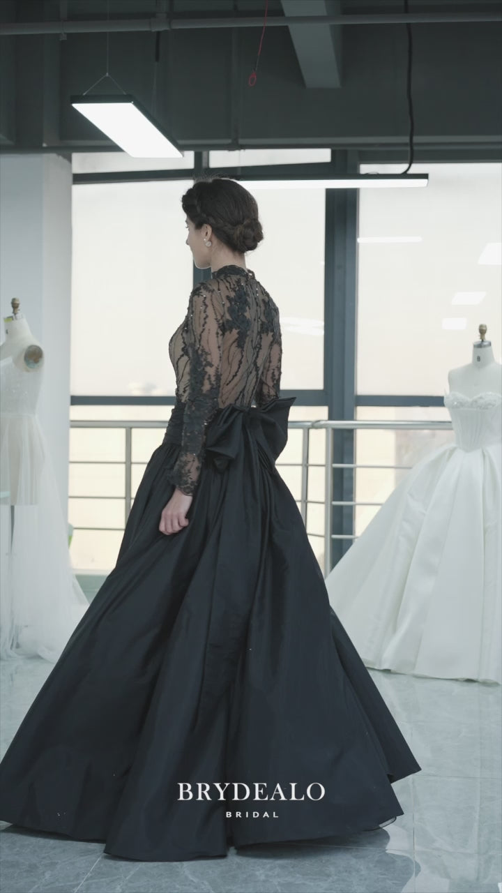 Elegant Black Flower Taffeta Drop Waist Wedding Ballgown