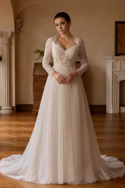 long sleeve lace wedding dresses Elegant Anne Queen Neck Sleeved Lace Wedding Dress Court Train