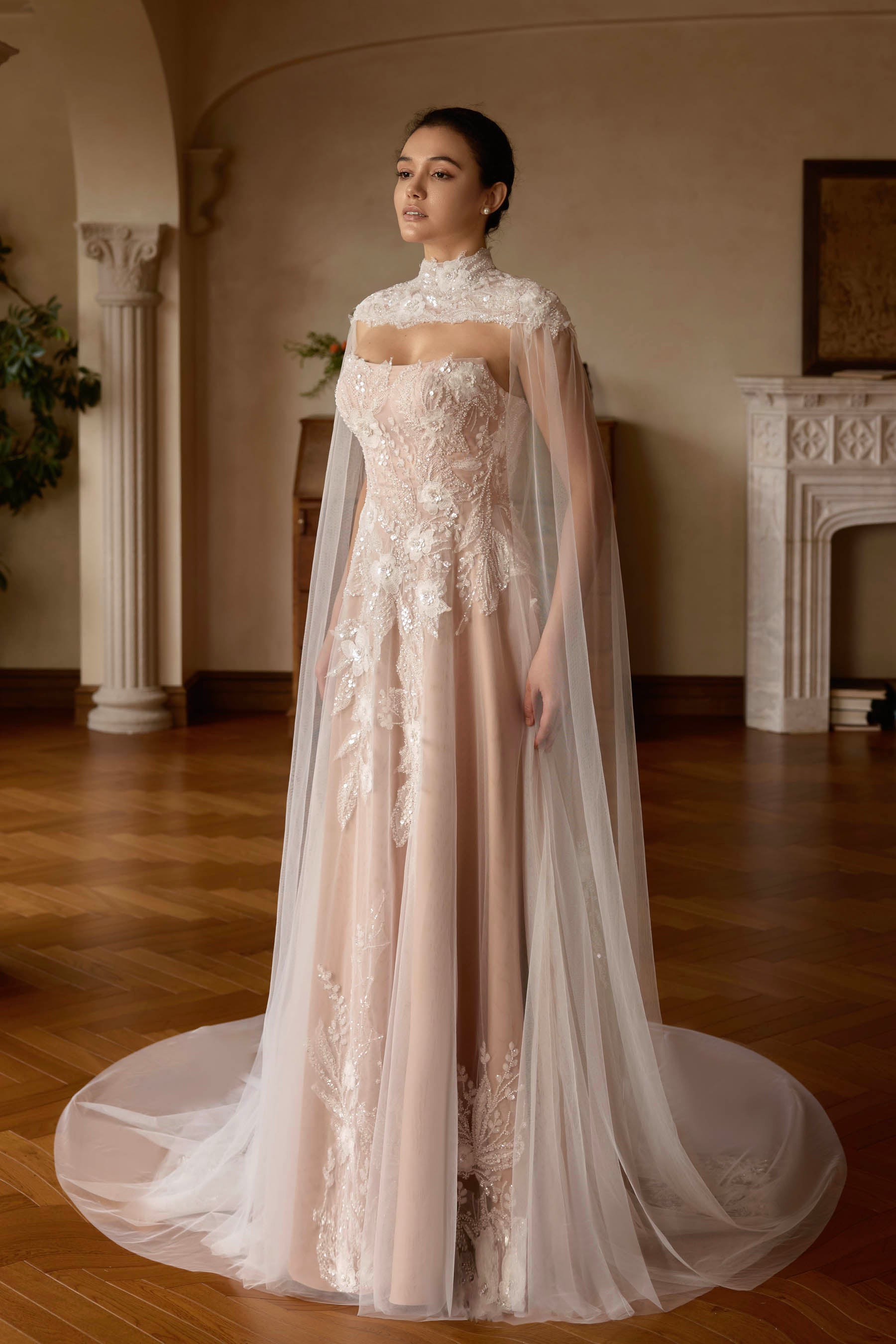 cape fit flare bridal gown beaded lace