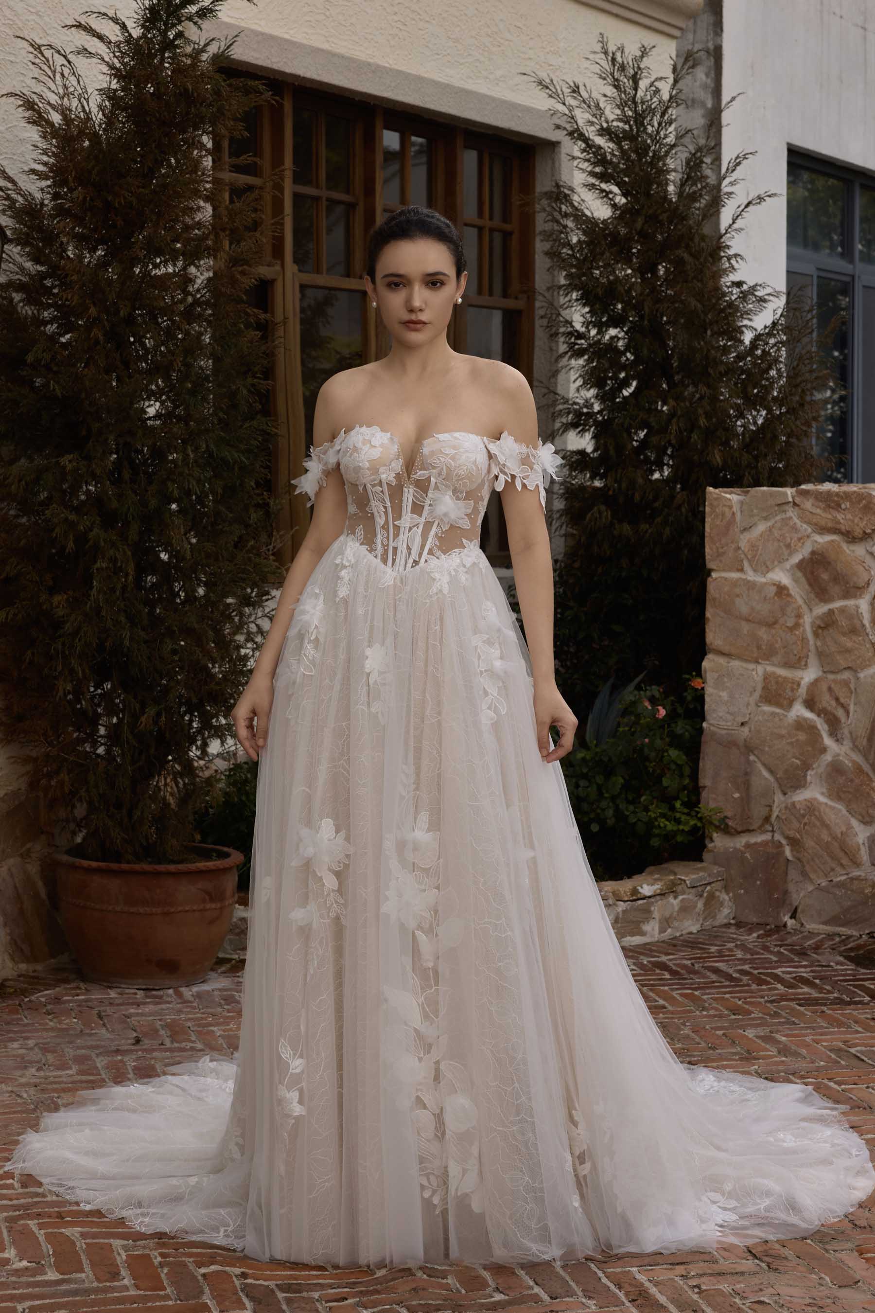 off-shoulder corset flower lace wedding dress