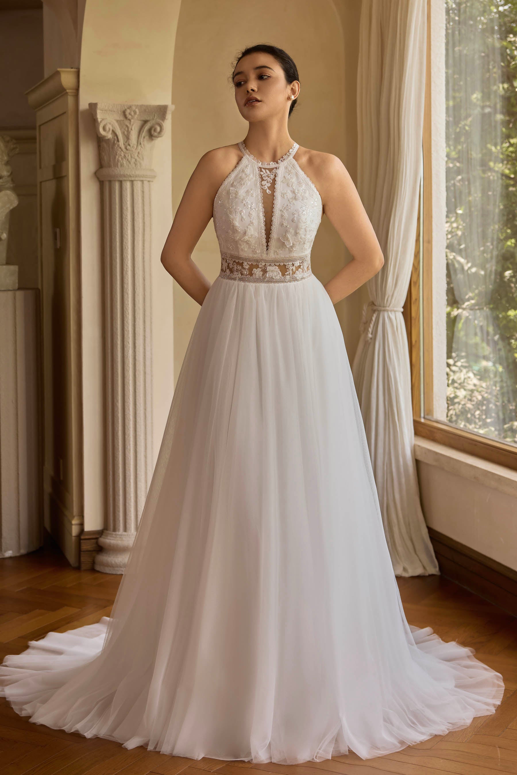 boho lace tulle halter wedding dress