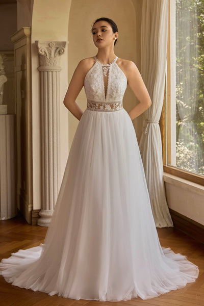 boho lace tulle halter wedding dress
