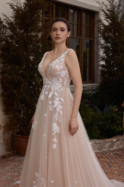 Nude Clean Lace Tulle V-back Aline Wedding Dress Nude Beige