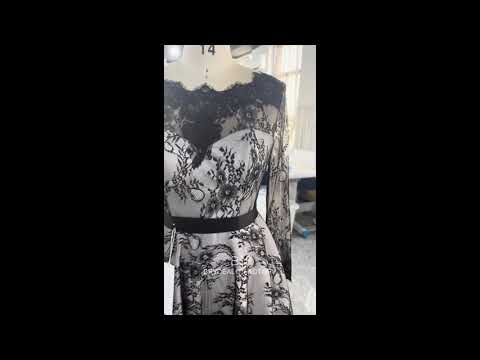 wholesale black lace sleeved tea length wedding dress