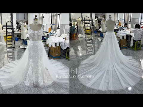 wholesale sparkly pearl flower mermaid wedding dress with overskirt