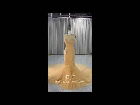 wholesale gold beaded illusion neck mermaid tulle wedding dress