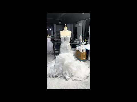 luxury mermaid organza beaded lace wedding dress