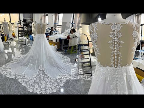 wholesale illusion buttoned lace back cutout train wedding dress