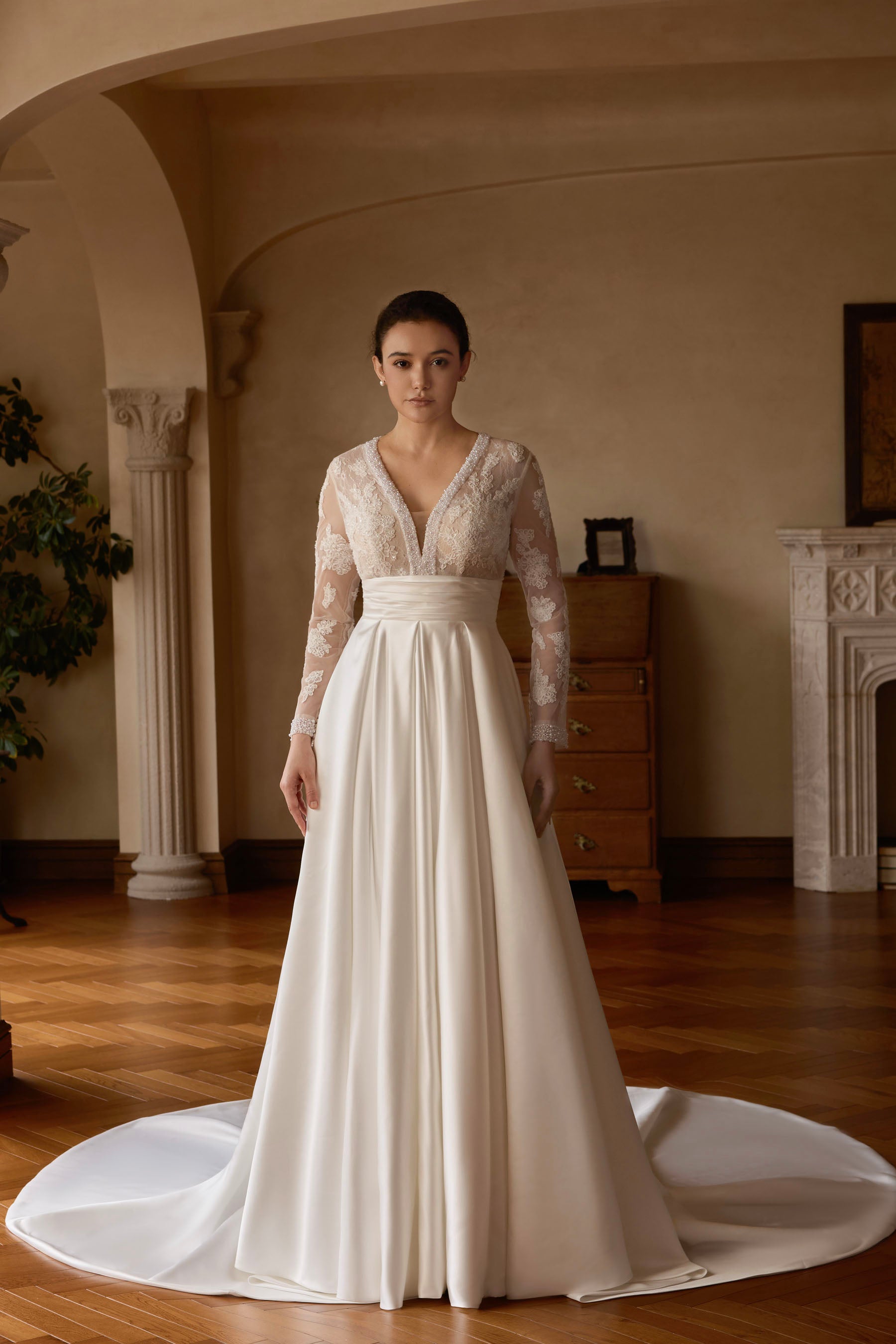 modern beaded lace satin wedding dress