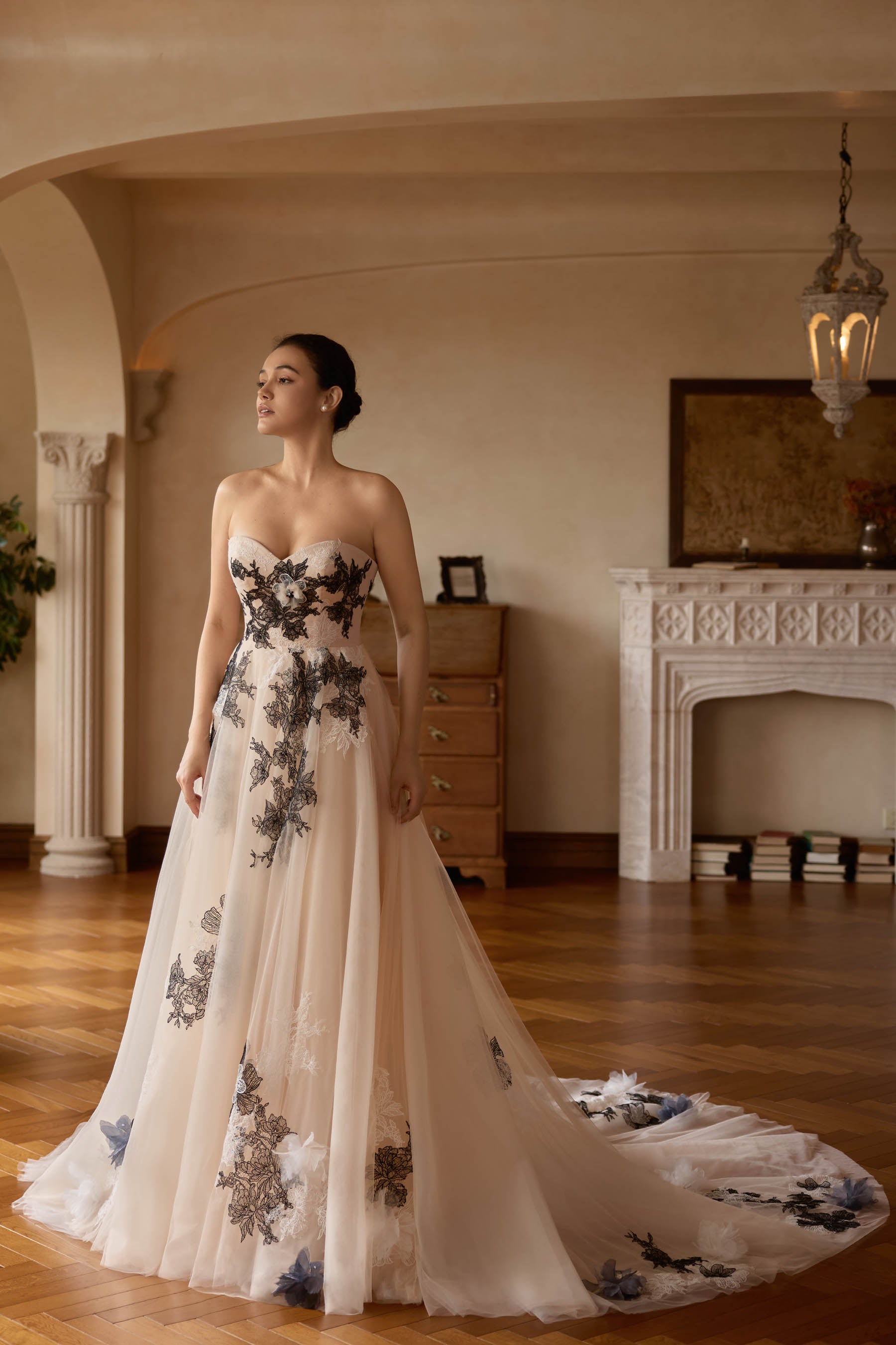 nude tulle black lace wedding dress