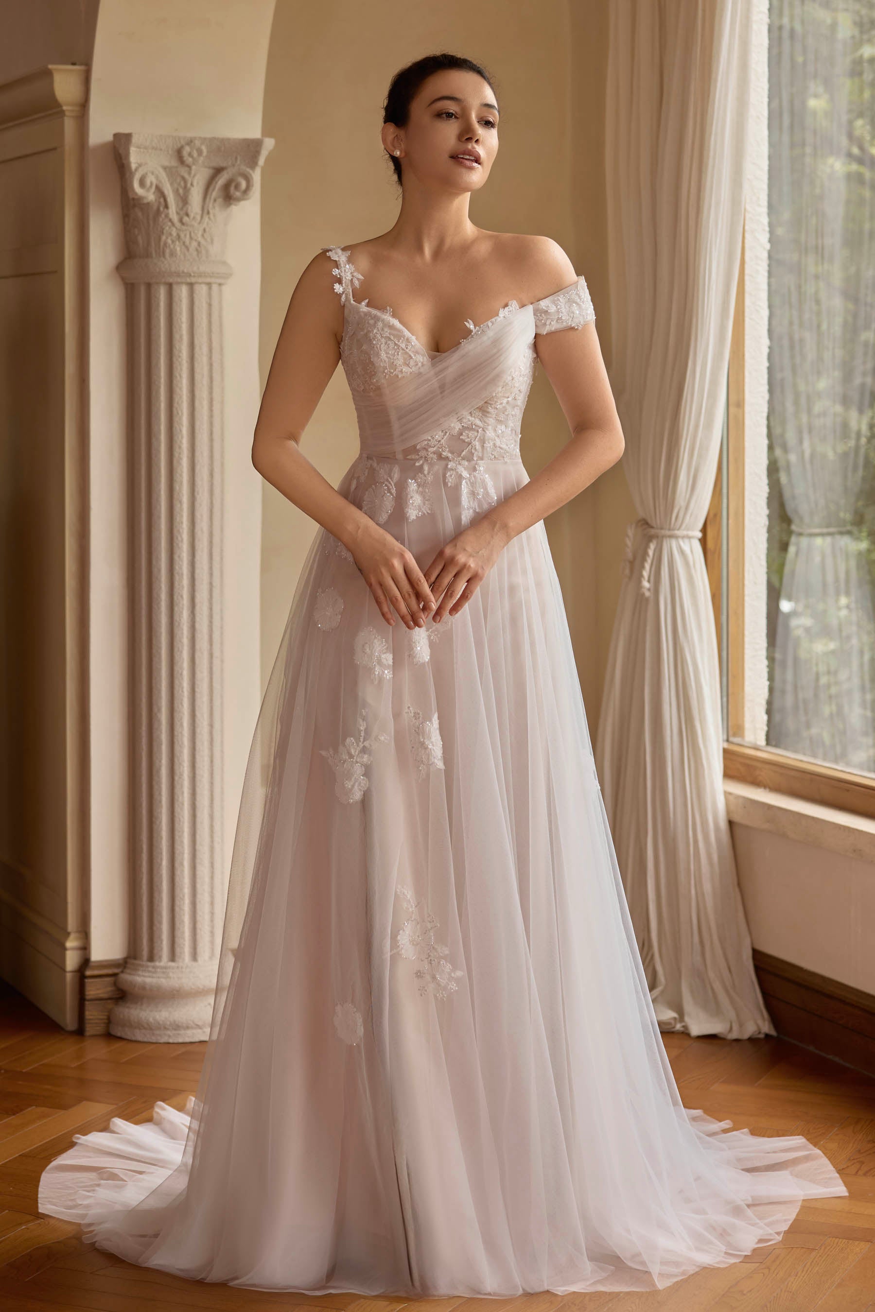asymmetric off-shoulder slit wedding dress