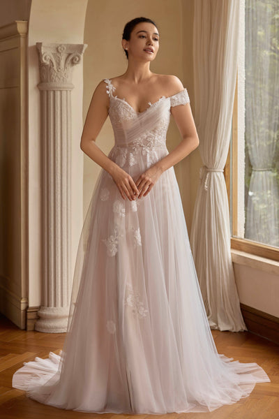 asymmetric off-shoulder slit wedding dress