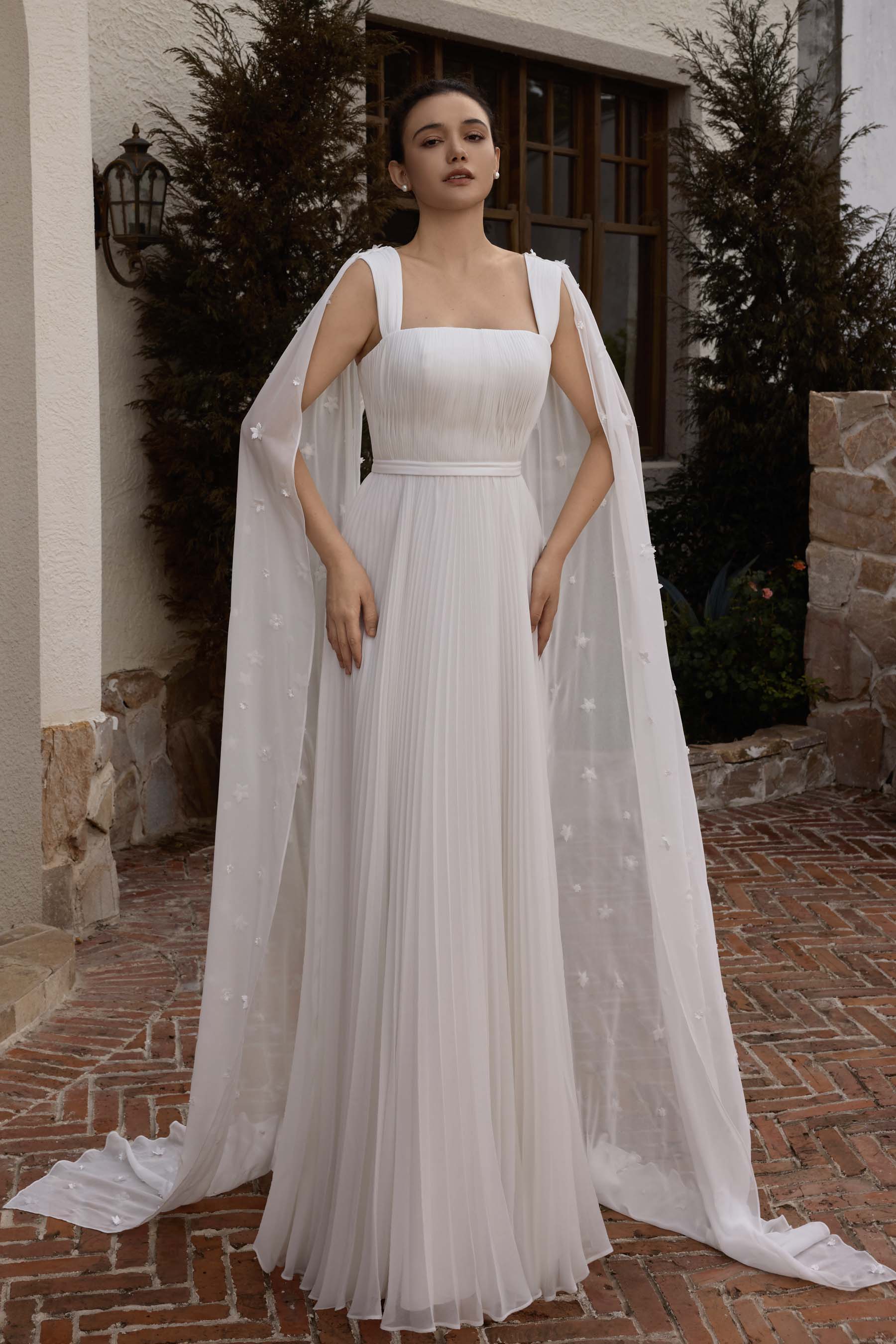 pleated chiffon flower cape A-line wedding dress