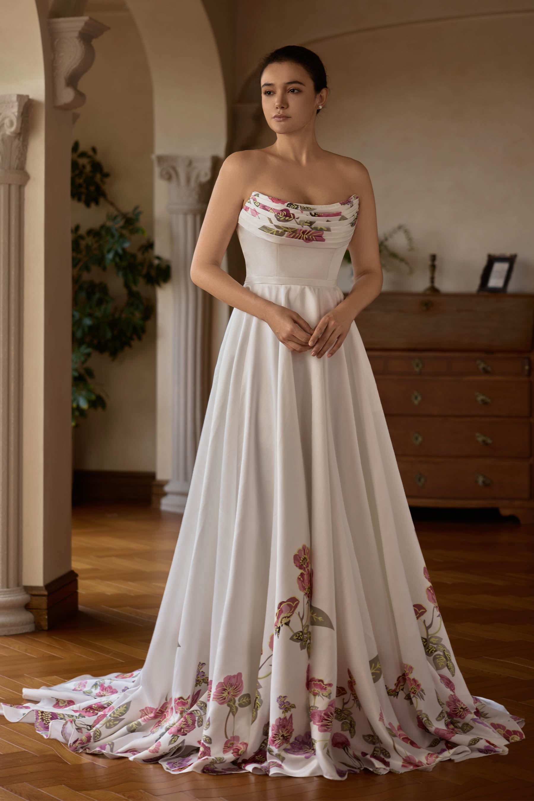 floral print satin pocket wedding gown