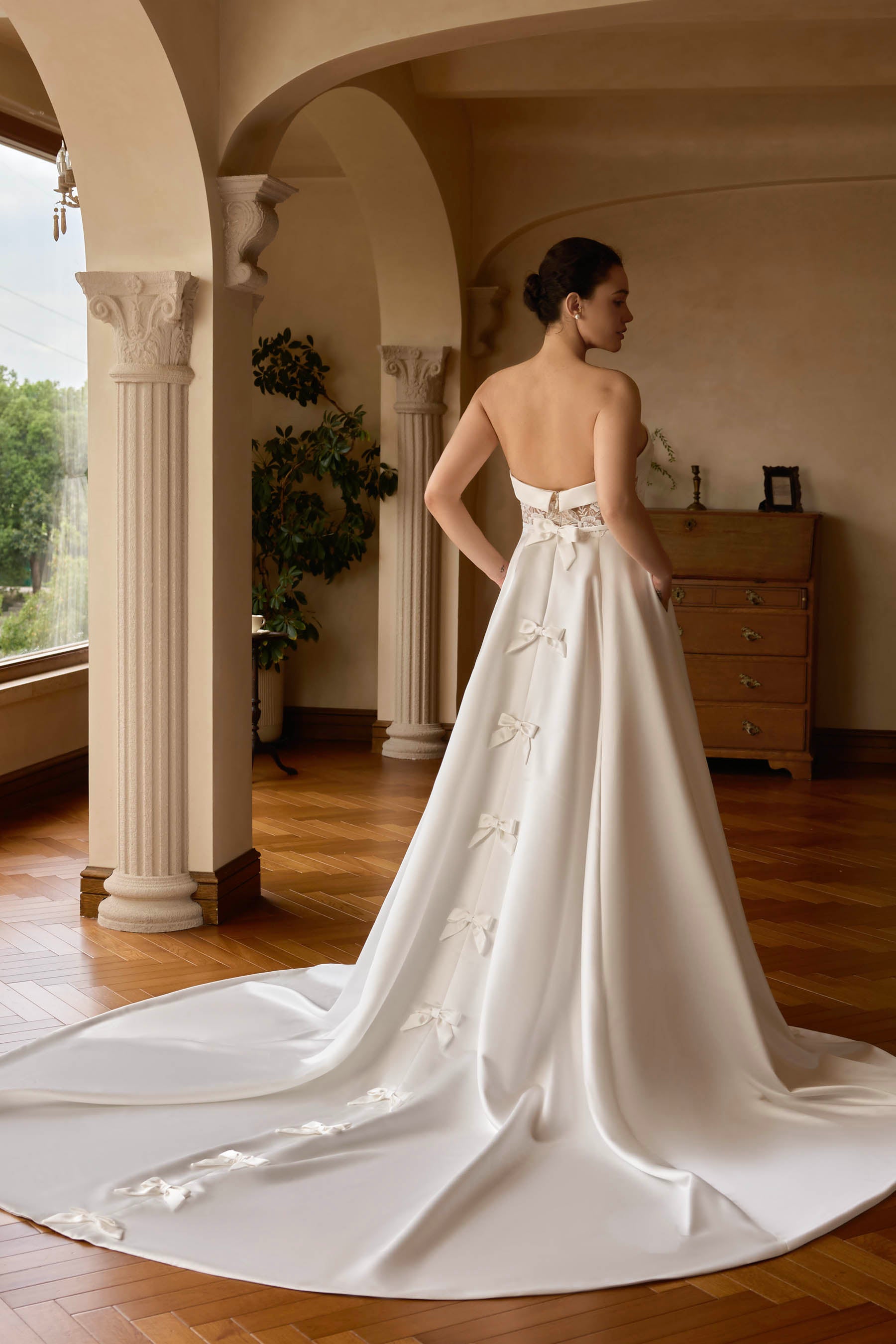 knots back satin pocket wedding dress