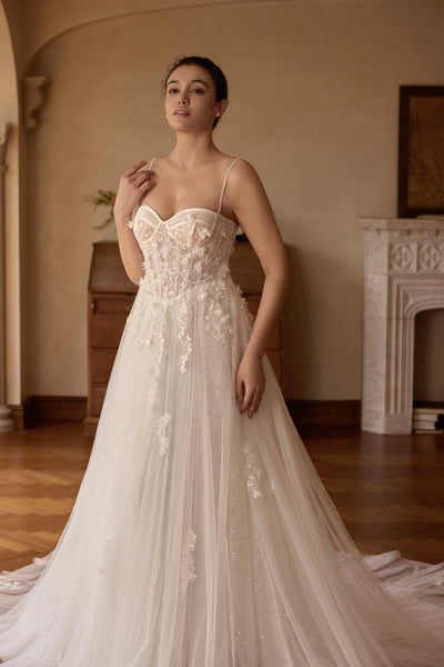 wedding dress sparkle lace Sequin Lace Square Neck Straps Customized Wedding Dress