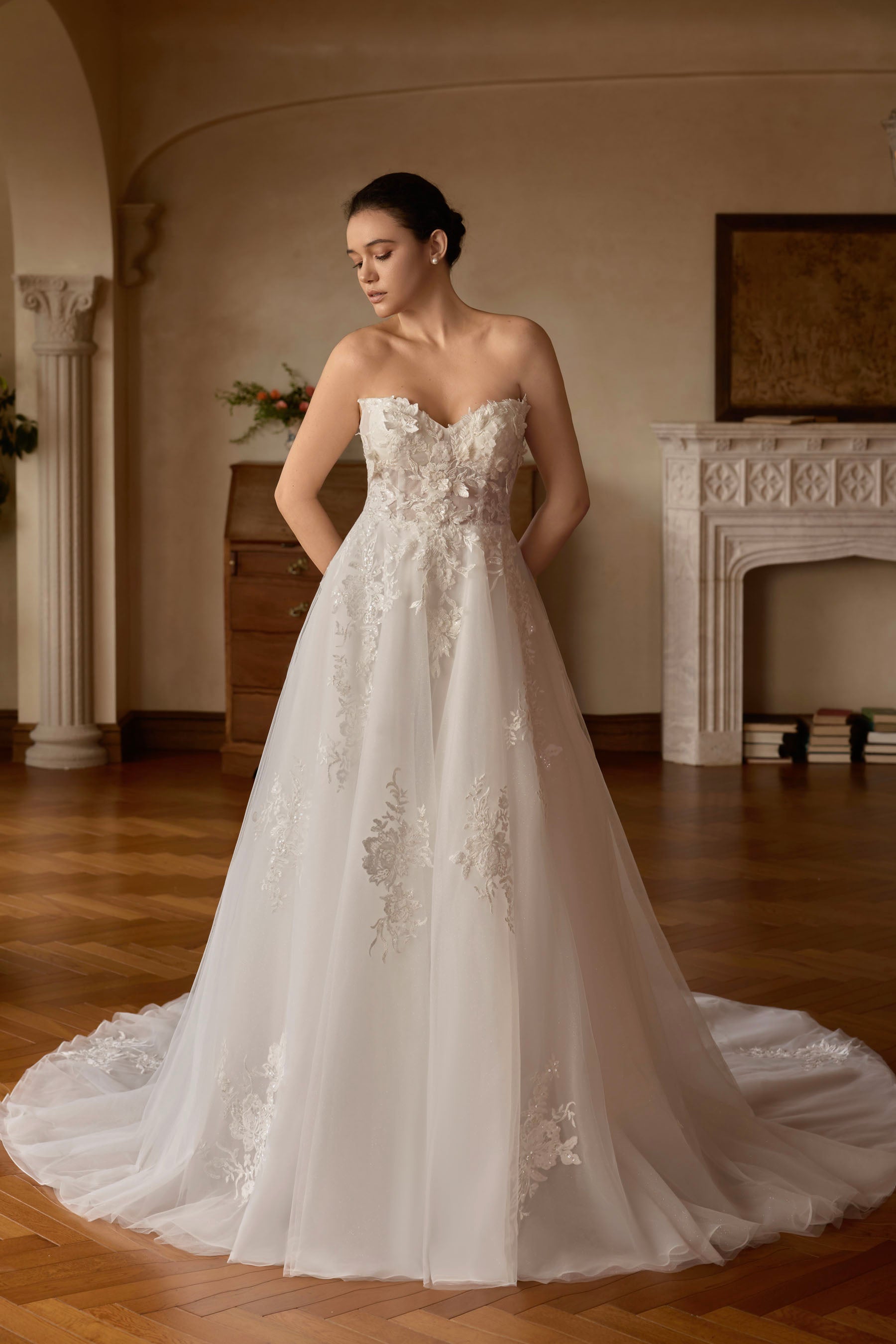 strapless beaded flower lace wedding dress
