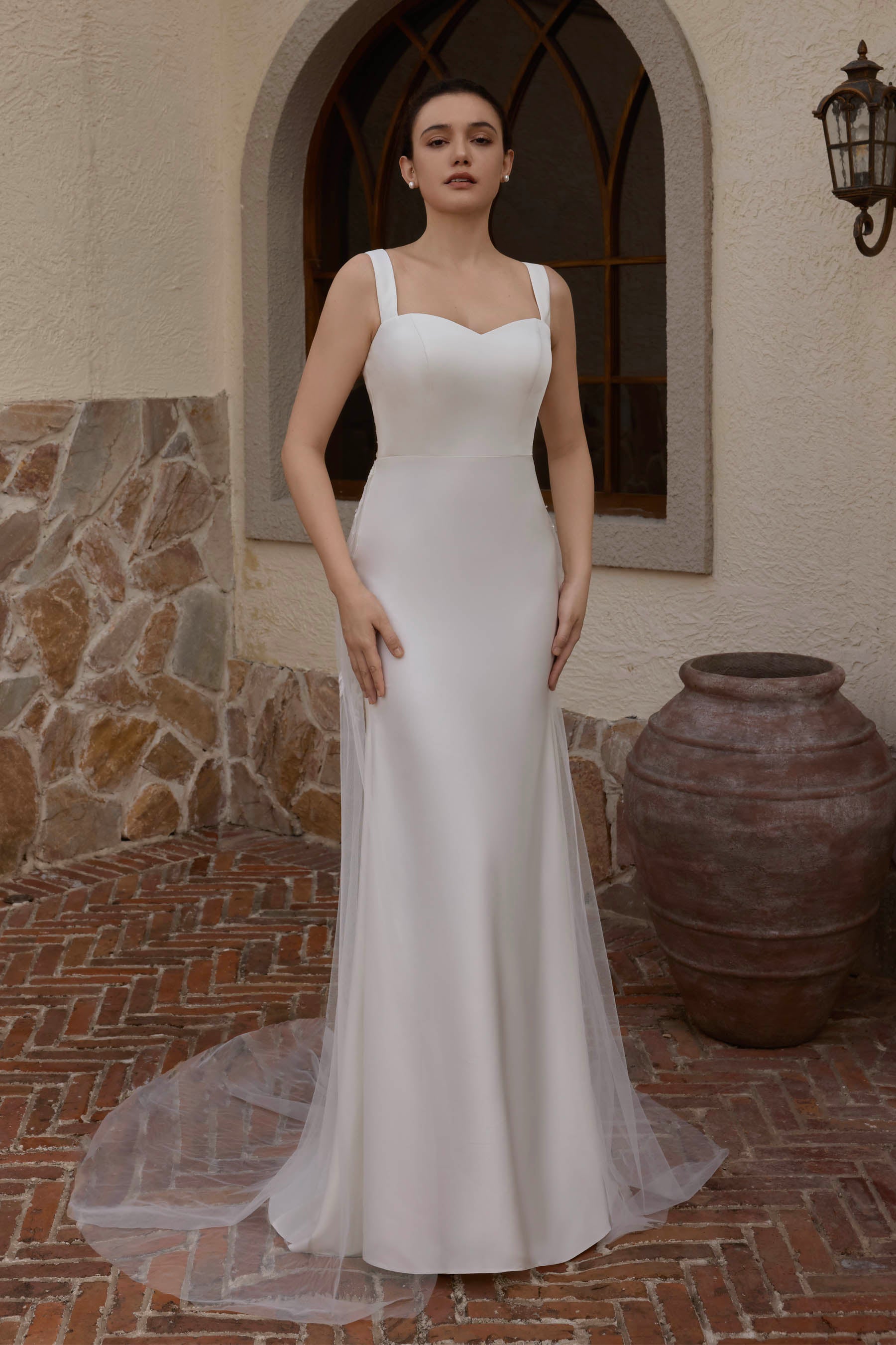 crepe fit and flare butterfly back wedding dress