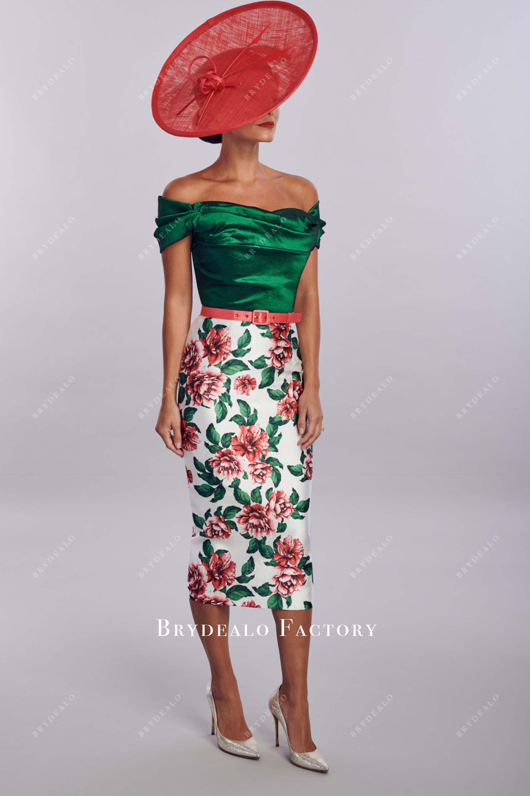 print emerald off shoulder mother of bride dress