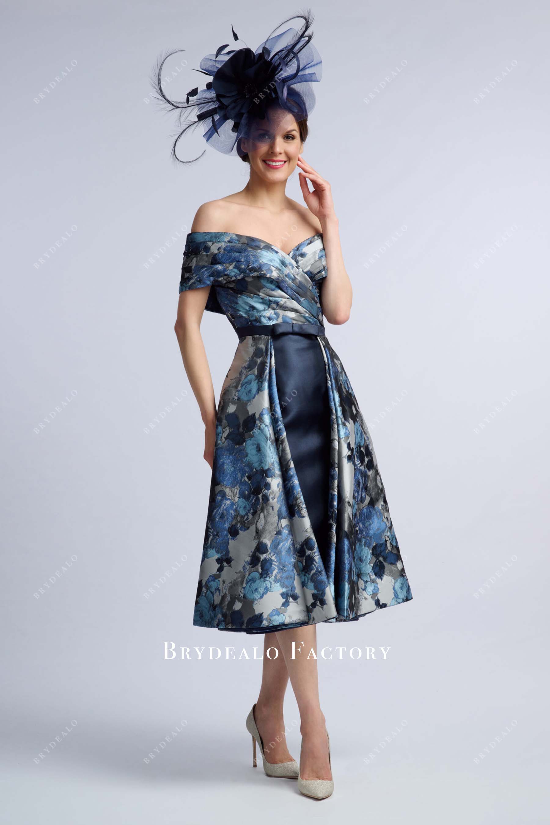 print off shoulder a line mother of bride dress