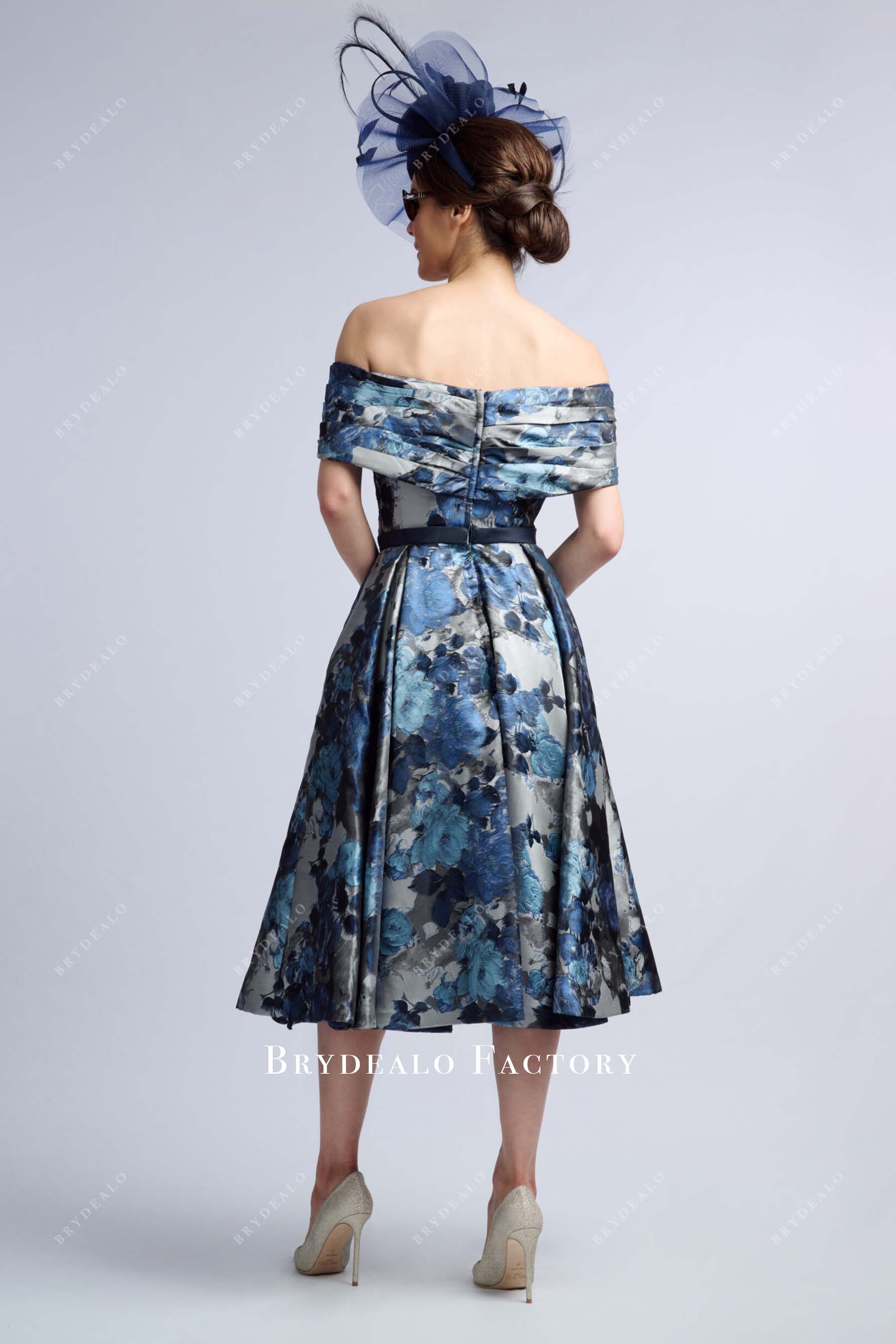 print off shoulder tea length mother of bride dress