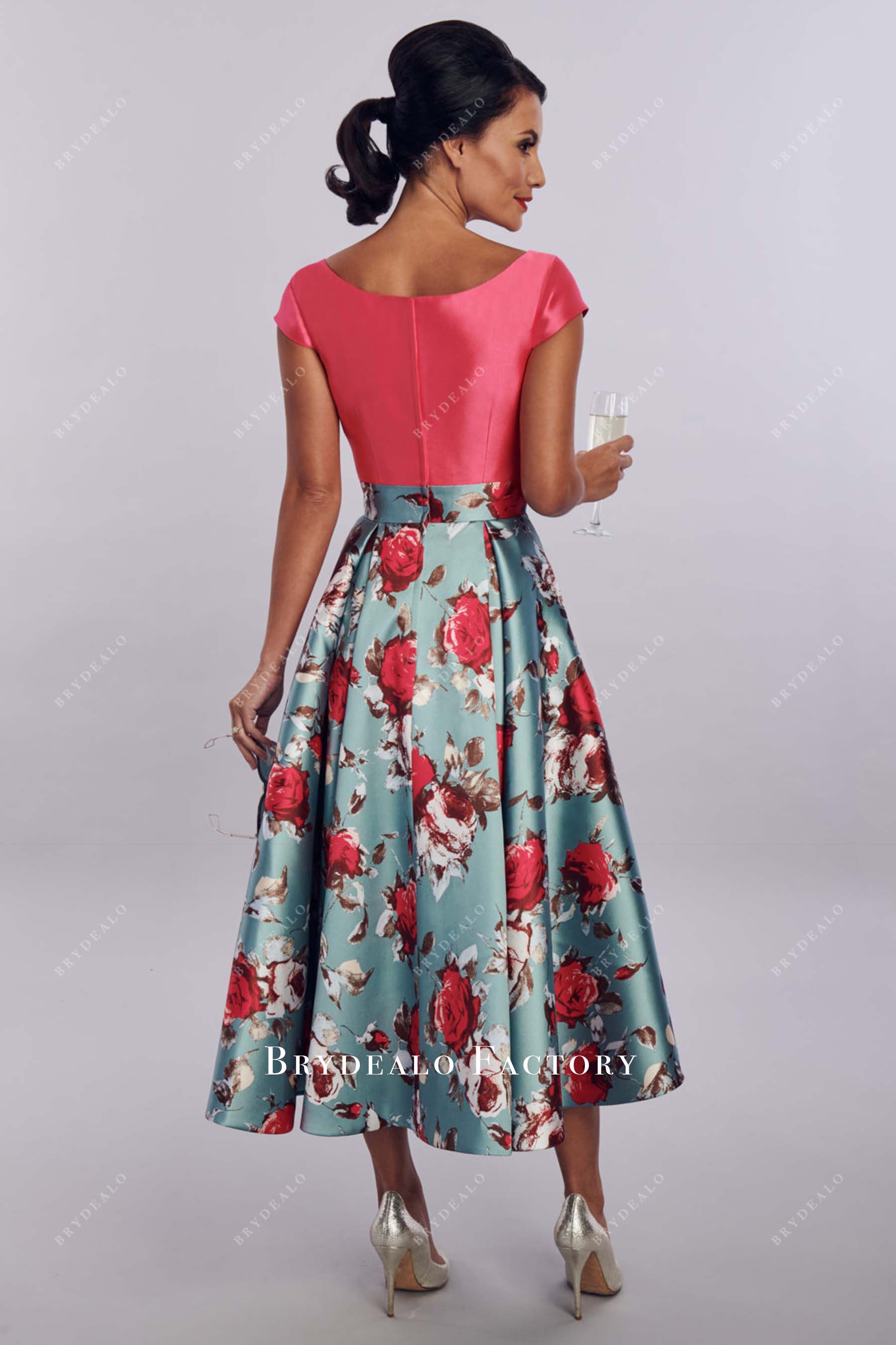 print tea length mother of bride dress