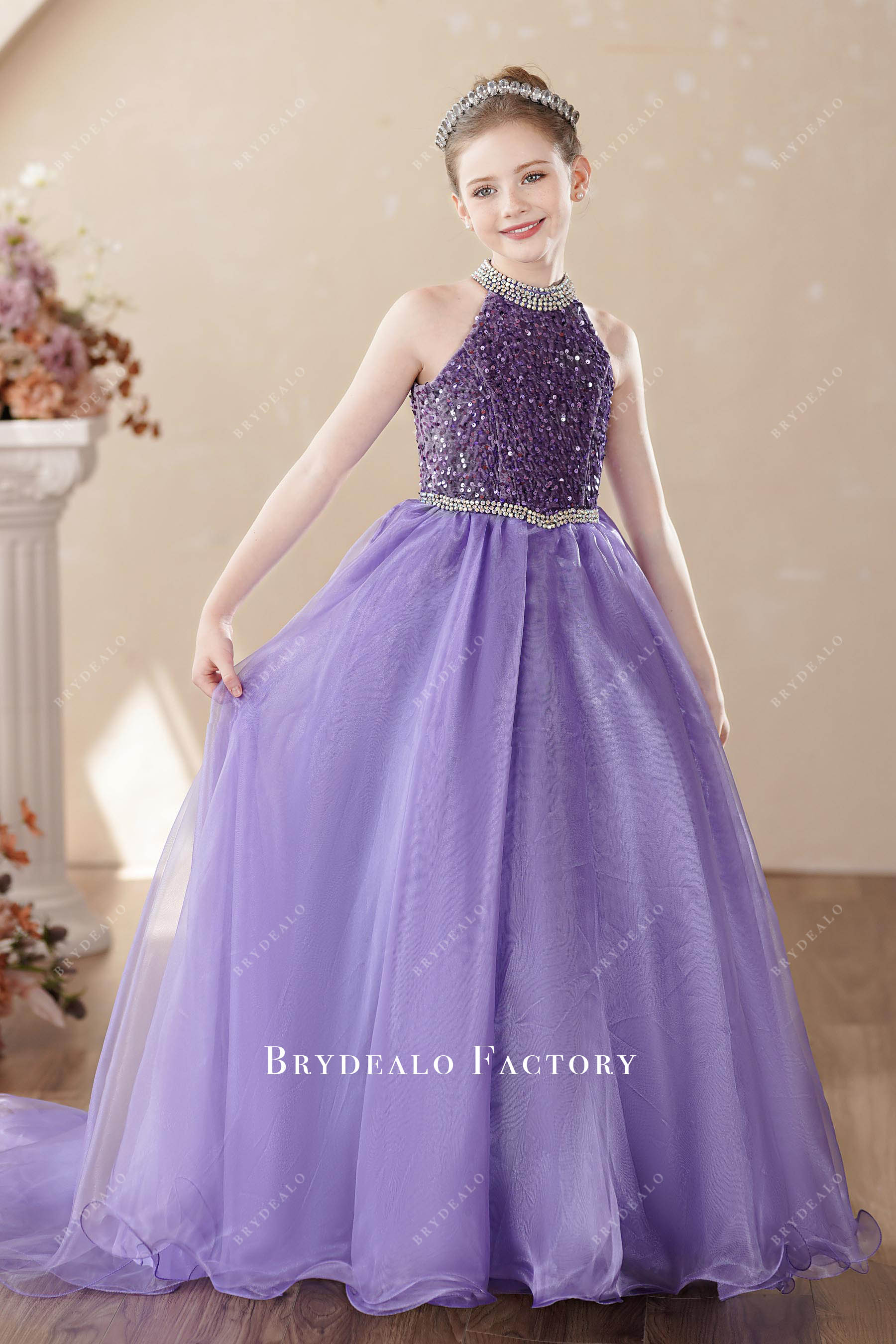 purple sequin organza kids birthday dress