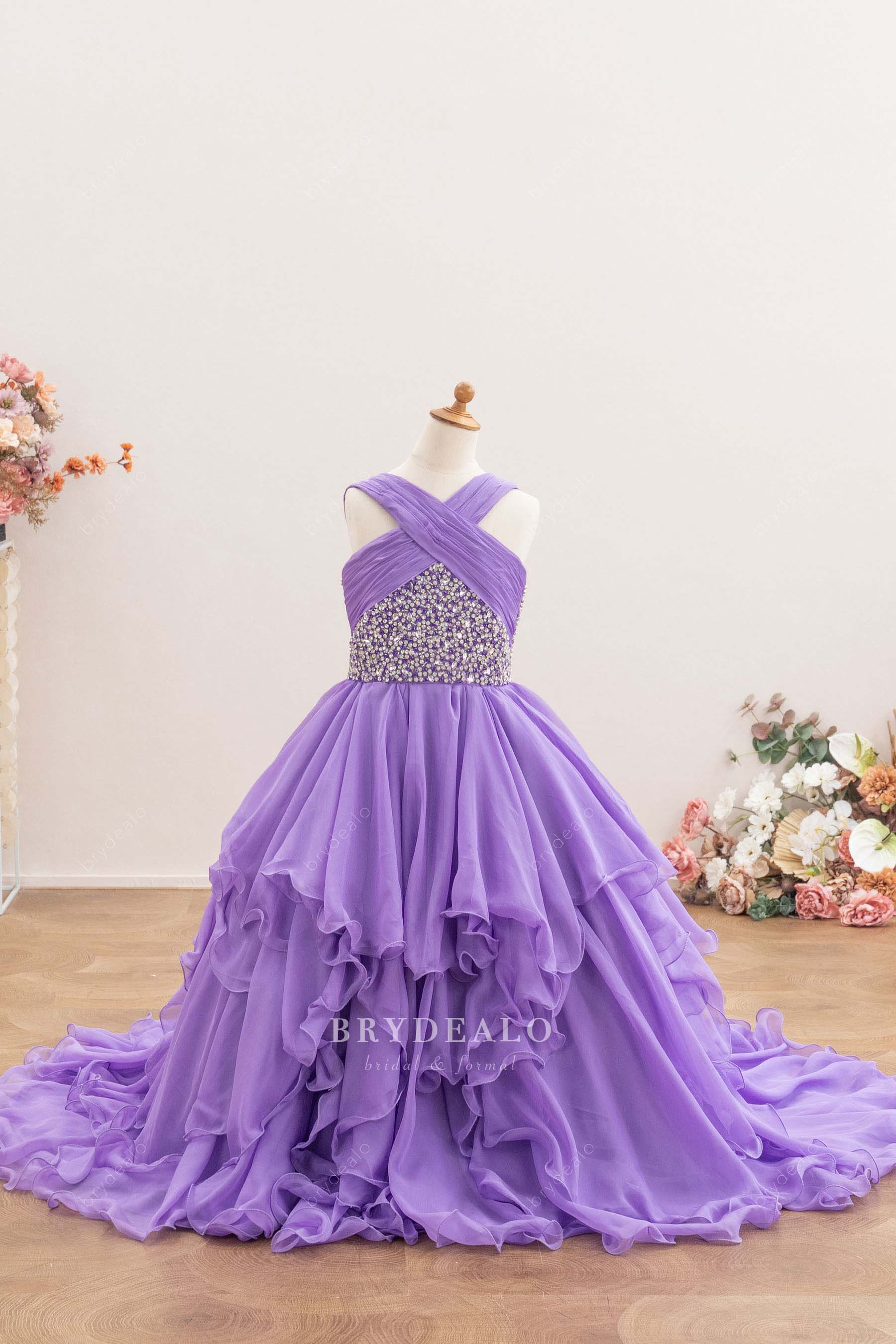 purple sleeveless layered kids pageant dress