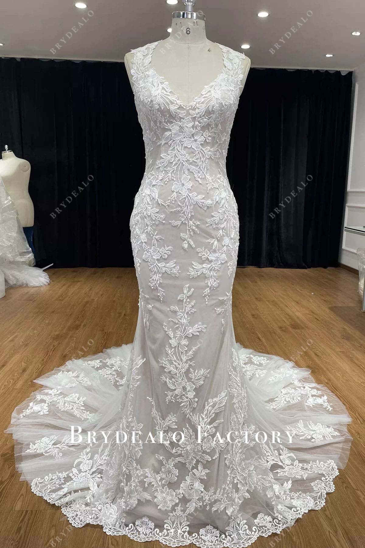 queen anne neckline mermaid wedding dress