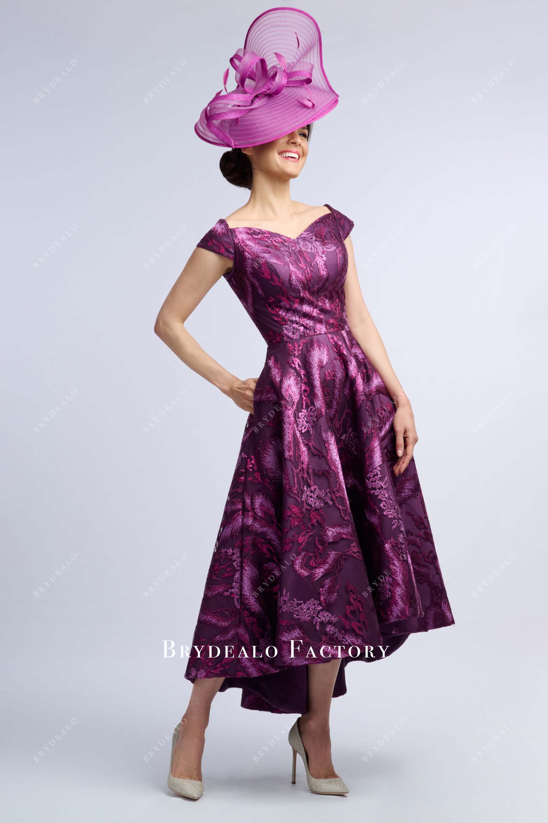 raspberry embroidery high to low mother of bride dress