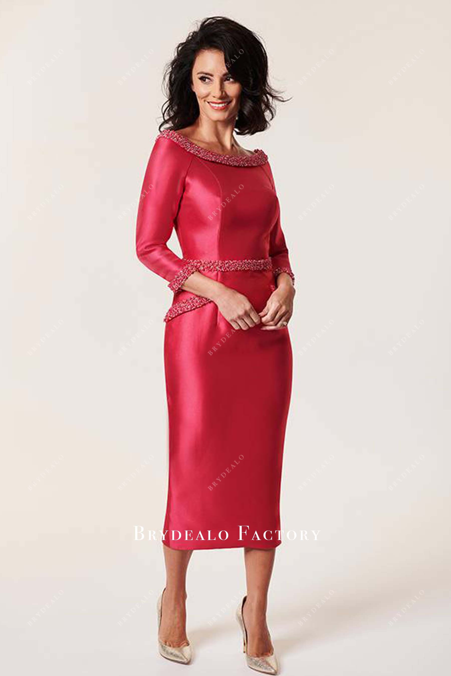 red beaded pencil mother of bride dress