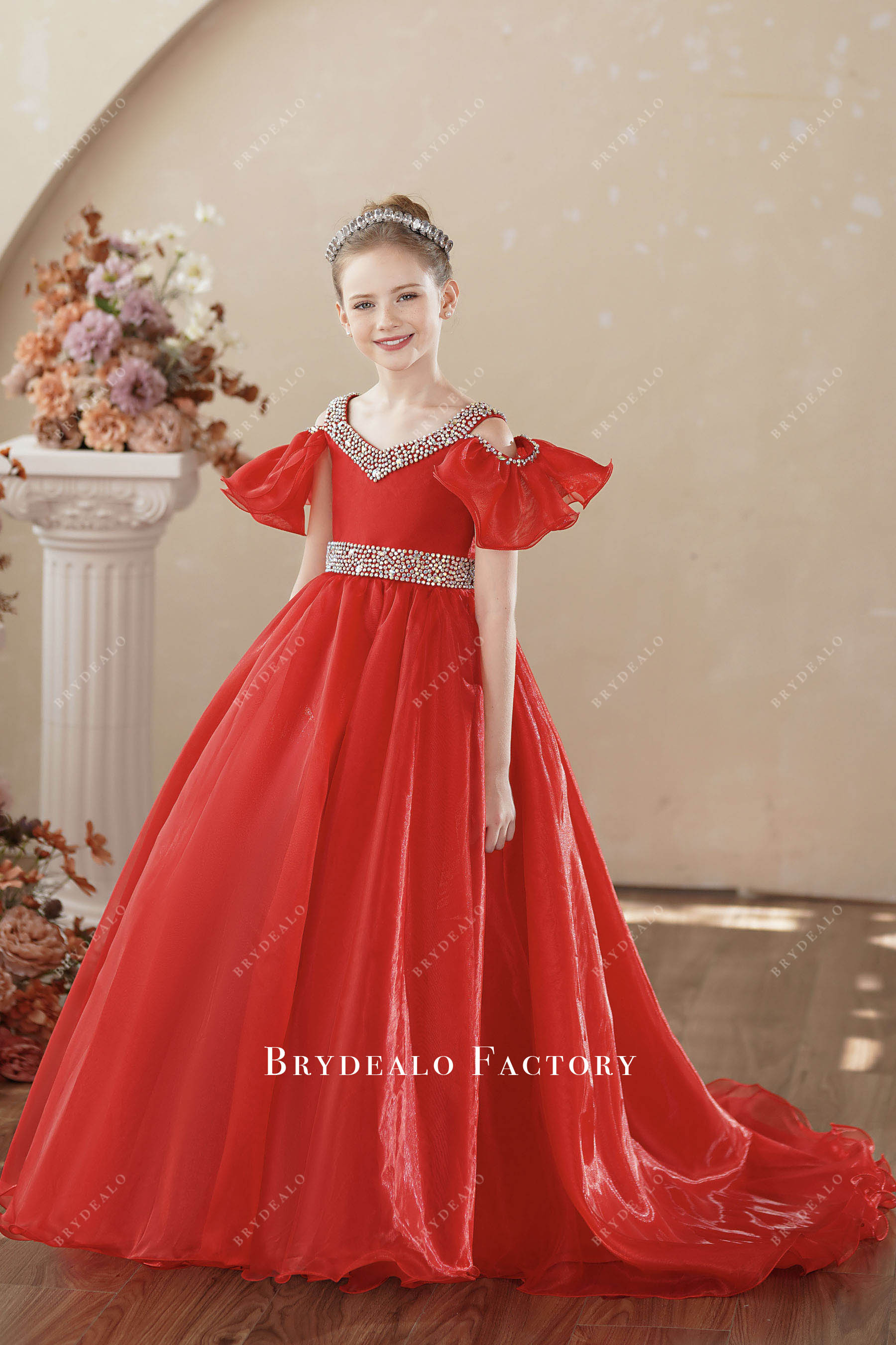 red cold shoulder kids pageant dress