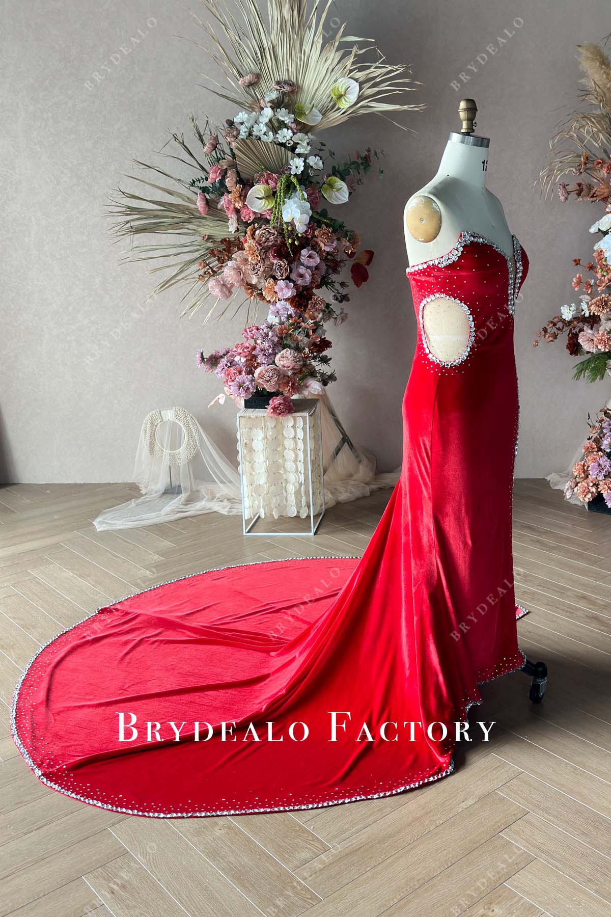 illusion cutout red long train mermaid prom gown