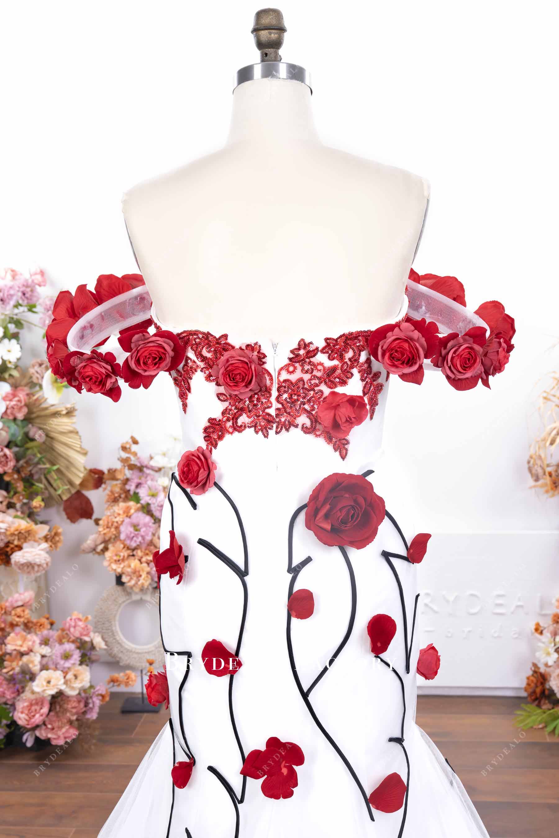 red rose off-shoulder wedding gown