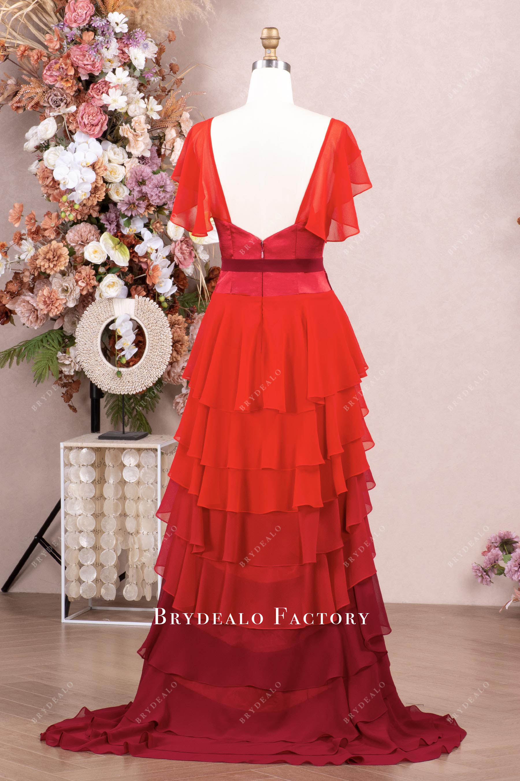 red tiered sweep train prom dress