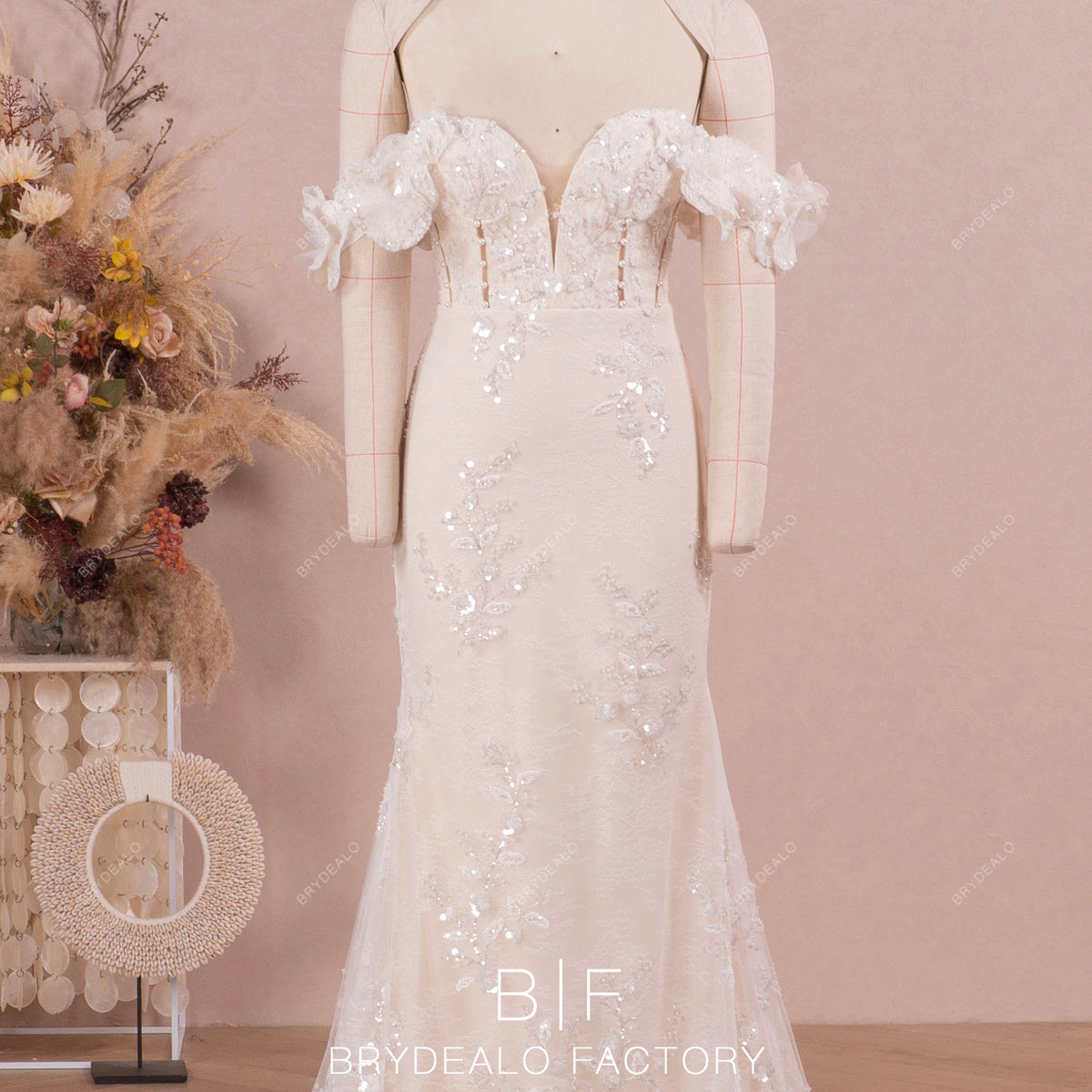 Champagne Mermaid Wedding Dress with Detachable Sleeves