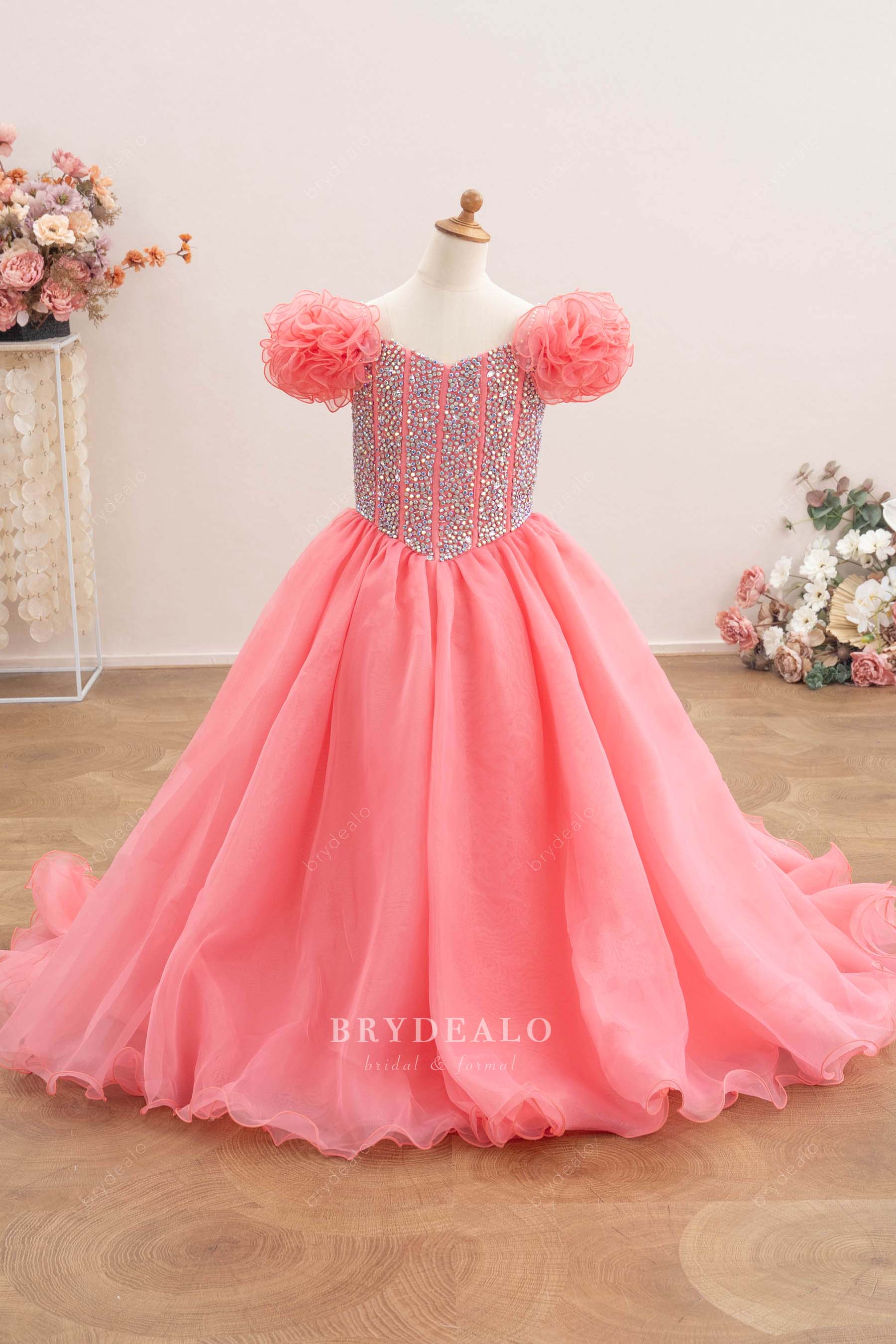 rhinestone basque waist kids pageant gown