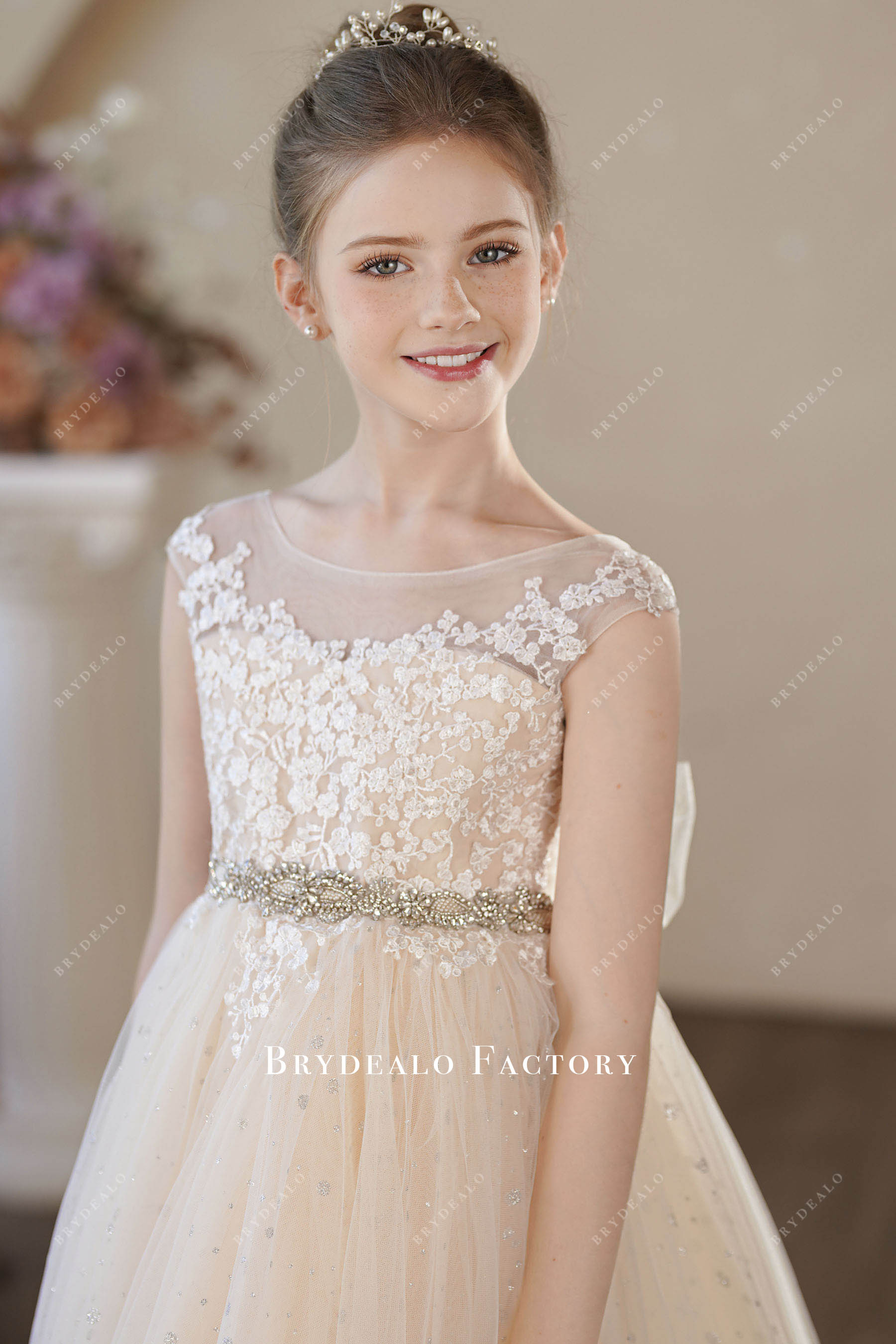 rhinestone belt lace flower dress