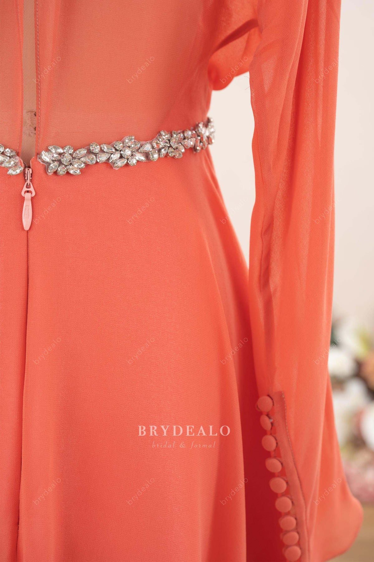 rhinestone belt long sleeve formal dress