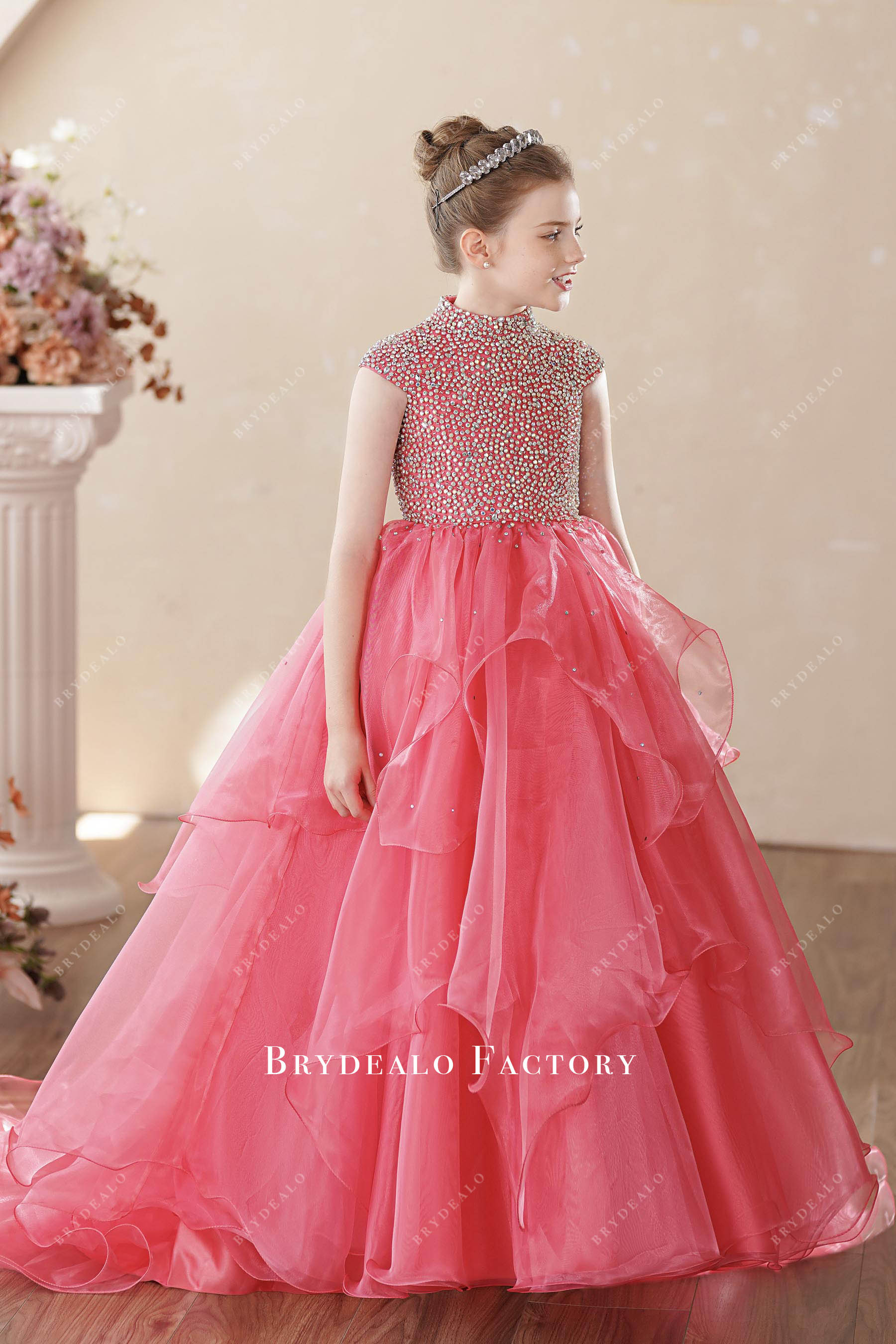 rhinestone cap sleeve ruffled kids ballgown