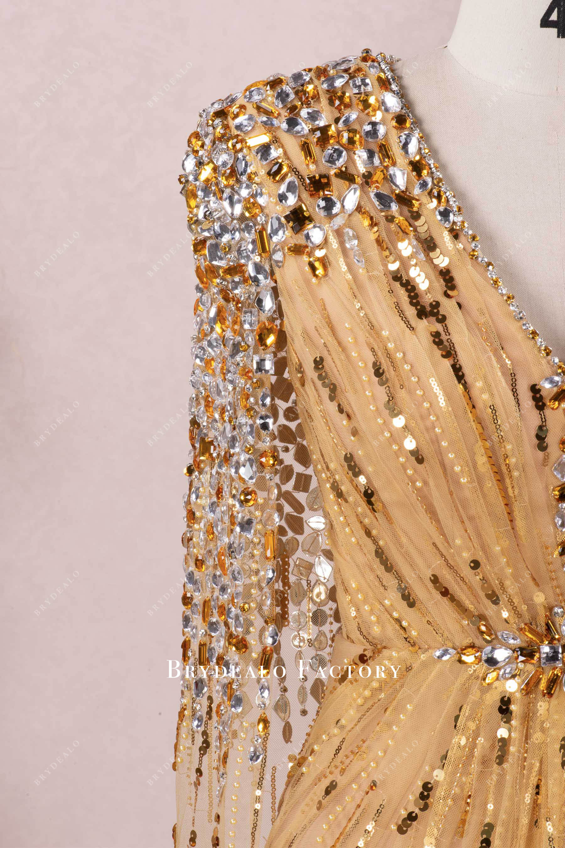 rhinestone cape gold dress