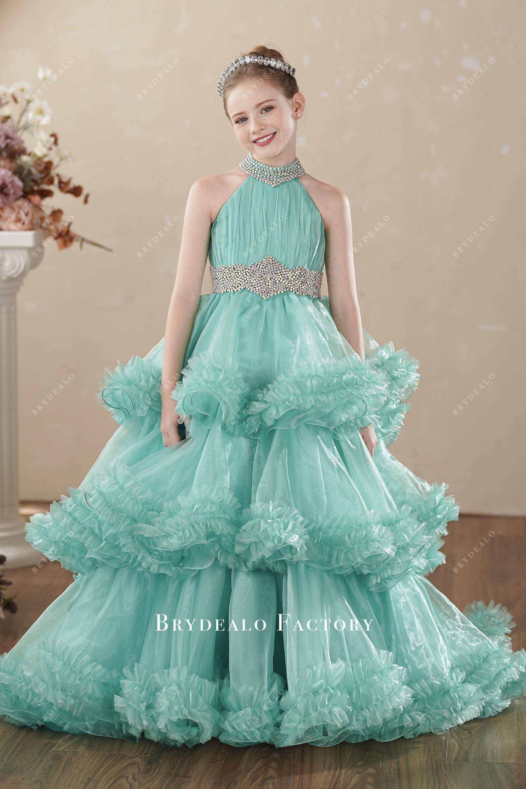 rhinestone halter neck waistband children ballgown