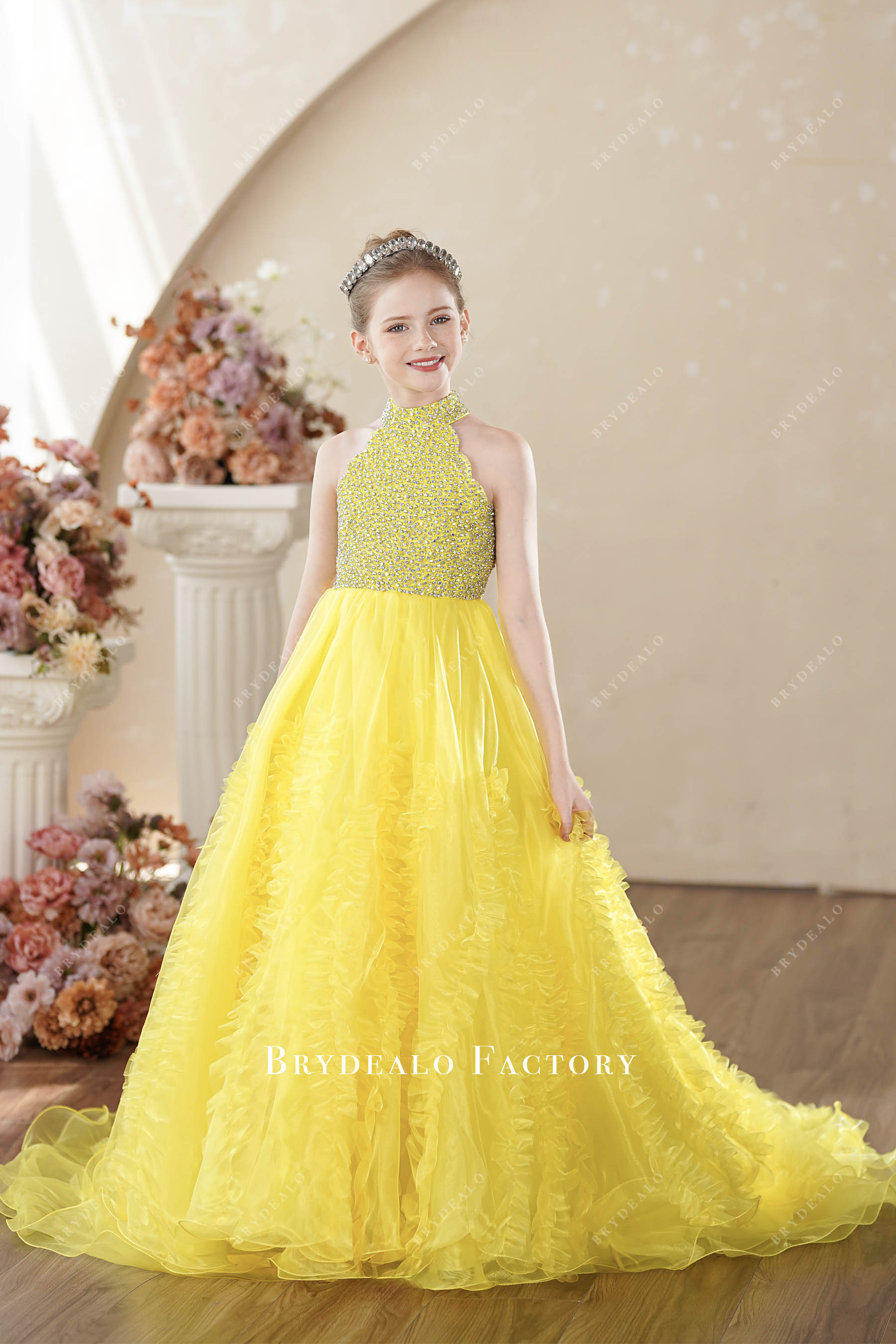 rhinestone halter ruffled kids birthday dress