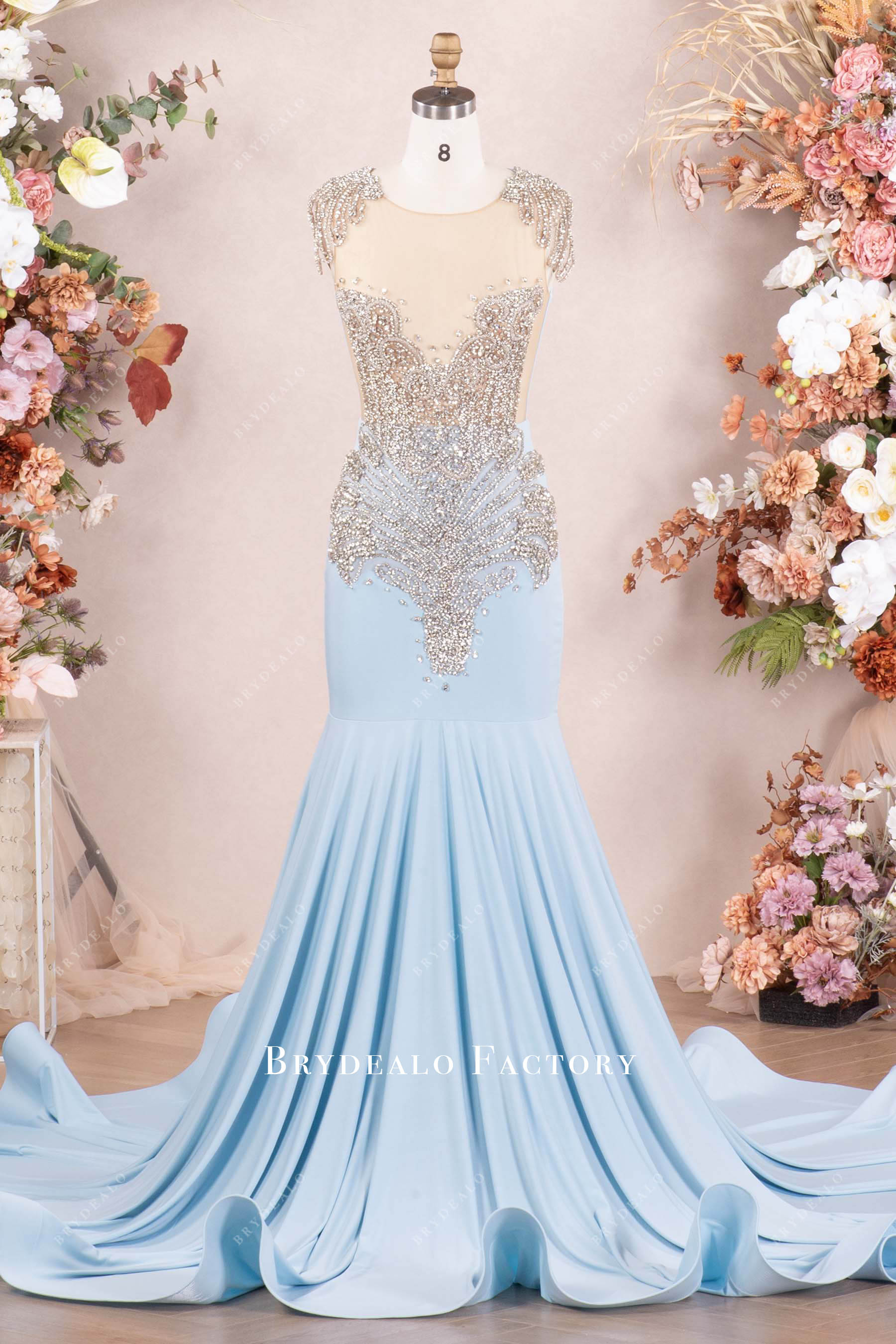 Sparkly Rhinestone Sky Blue Jersey Mermaid Prom Dress