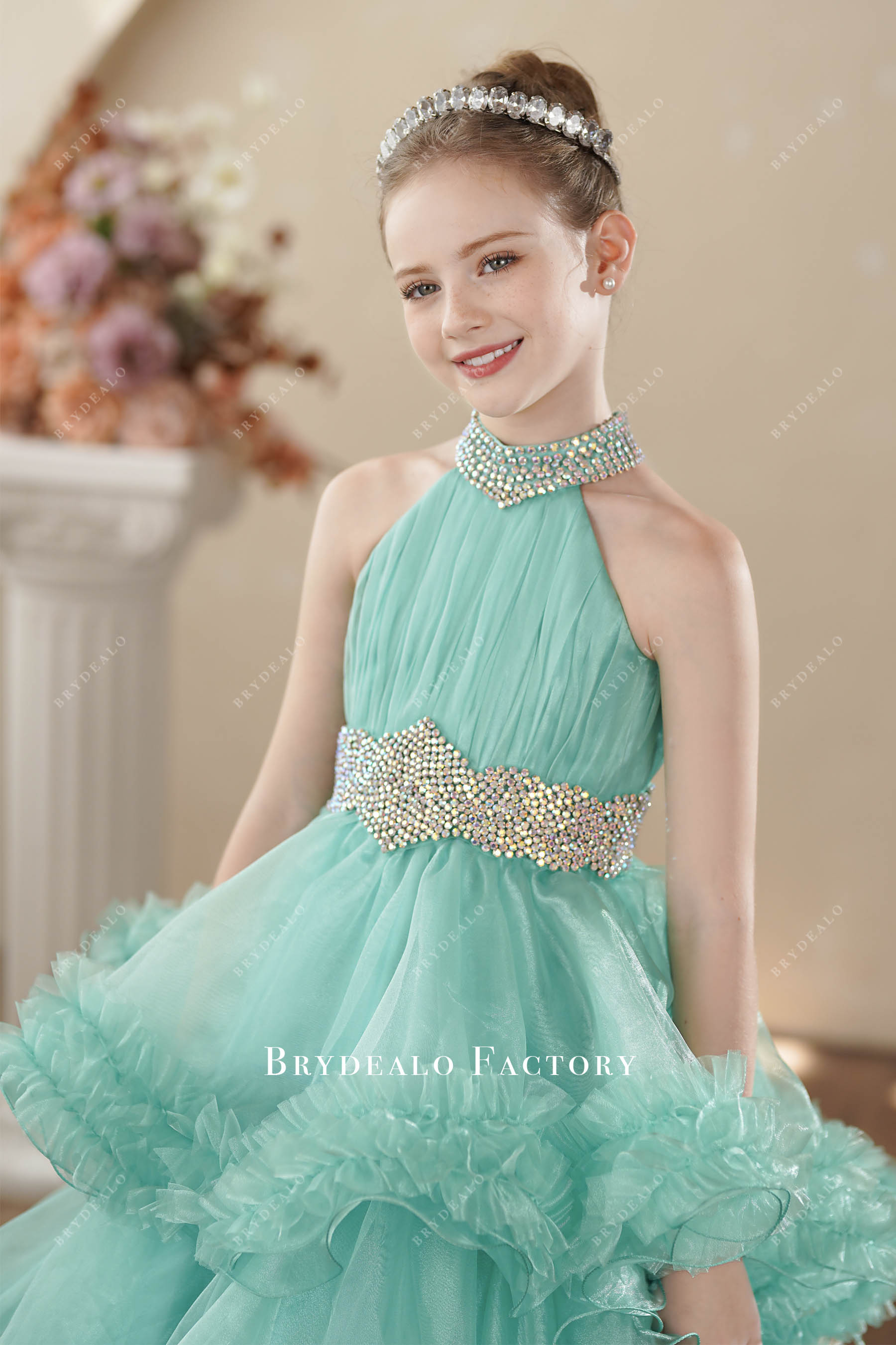 rhinestone neck pleated kids dress